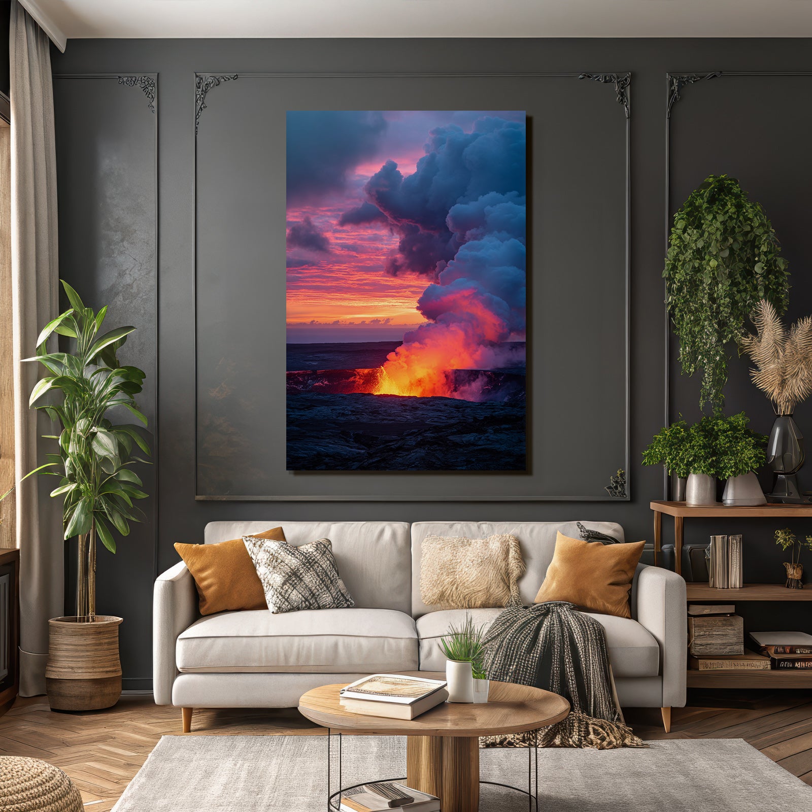 Vulkanausbruch Bei Sonnenuntergang Mit Glühender Lava Und Rauch