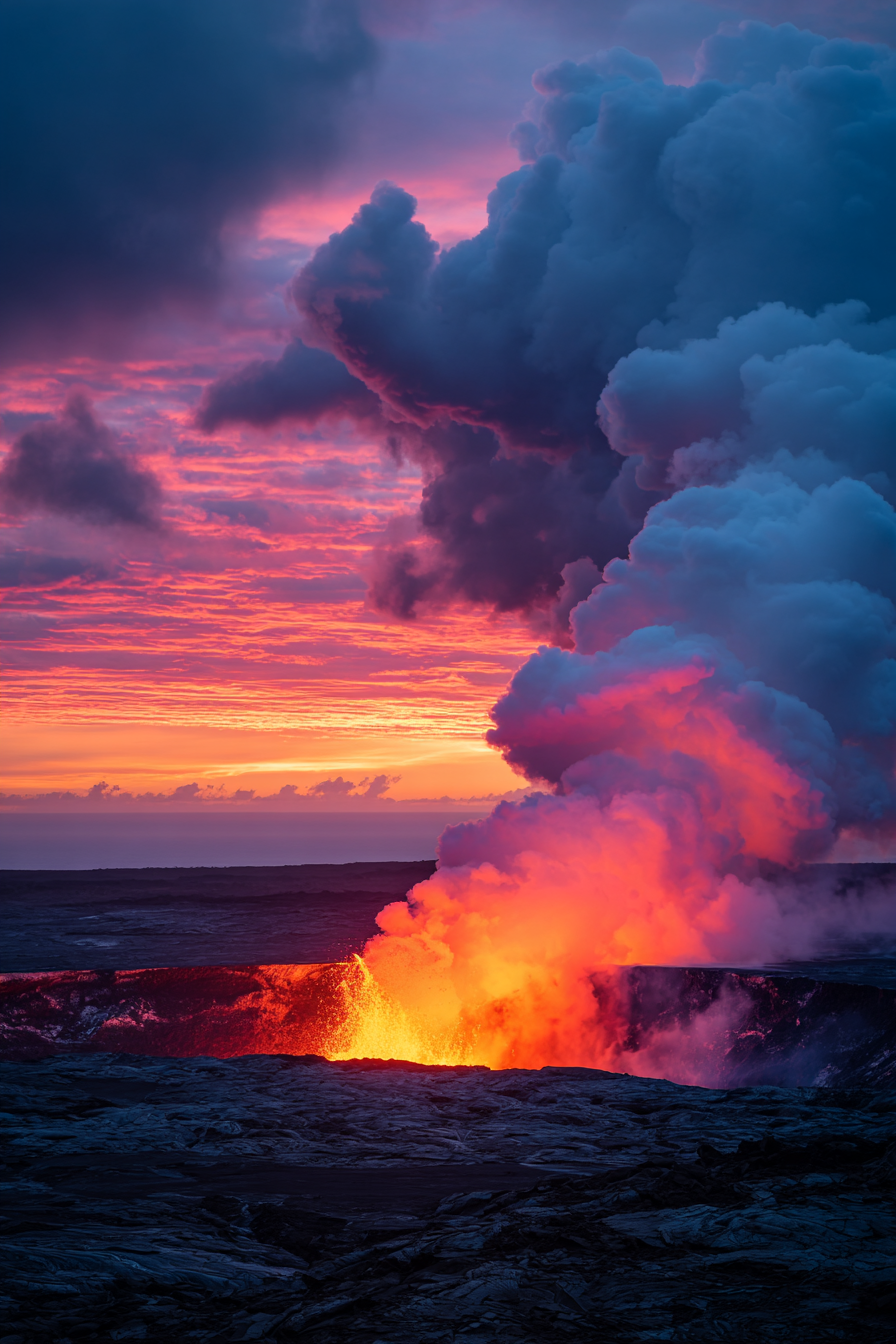 Vulkanausbruch Bei Sonnenuntergang Mit Glühender Lava Und Rauch | Nahaufnahmen | Natur