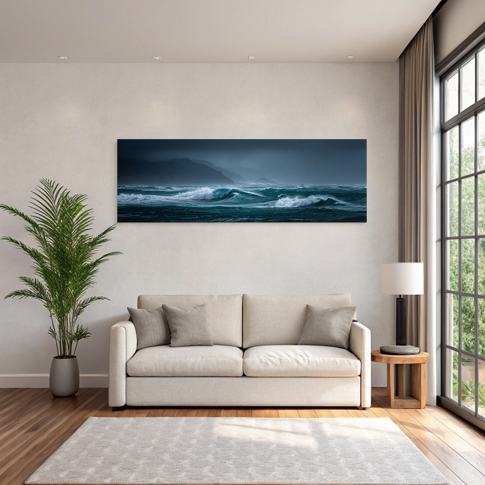 Dramatische Meereslandschaft Mit Turbulenten Wellen Unter Dunklem Himmel Vor Schattigen Bergreihen