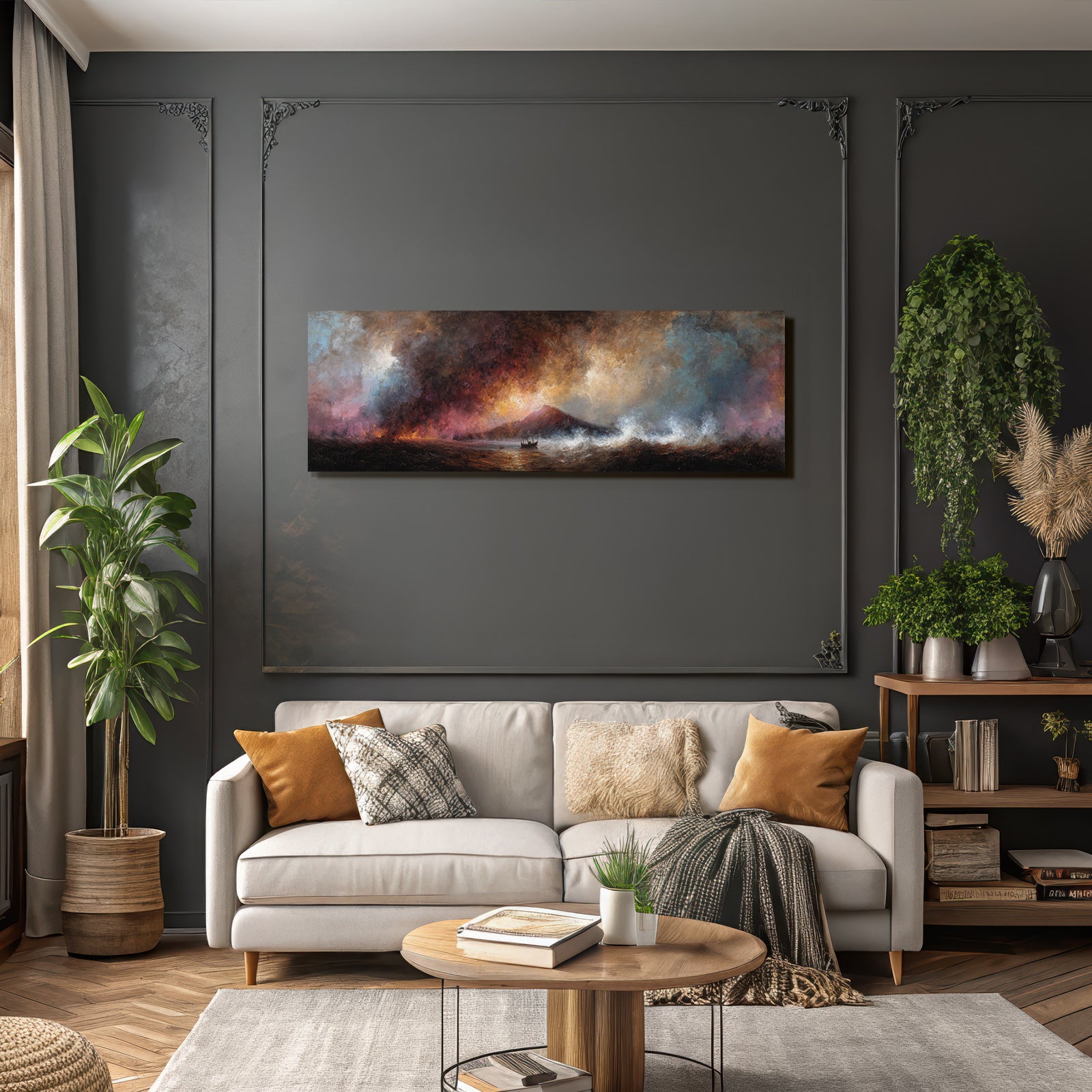 Dramatische Vulkanlandschaft Mit Sturm Und Boot