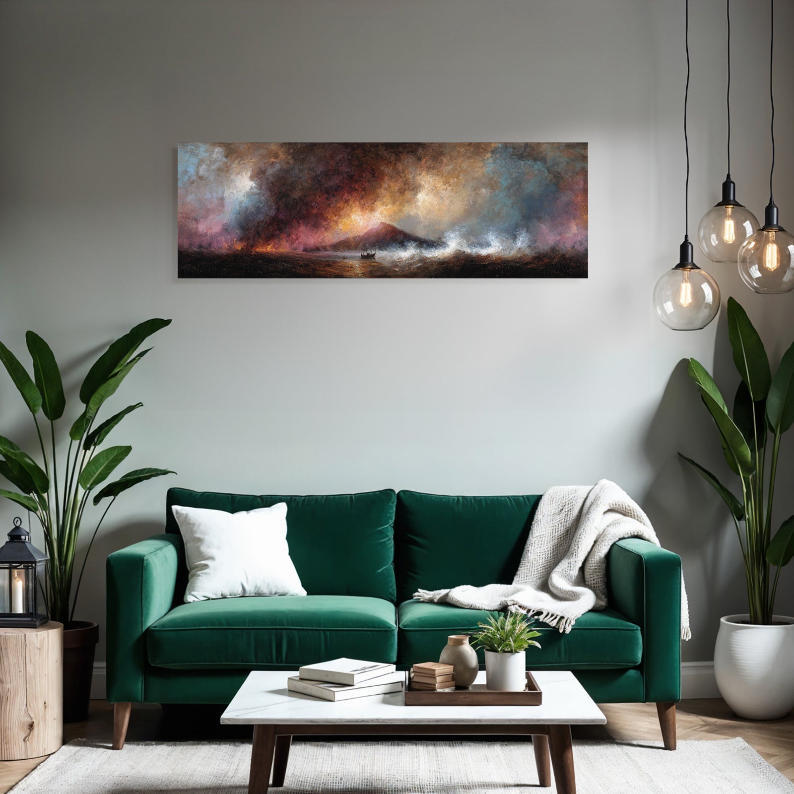 Dramatische Vulkanlandschaft Mit Sturm Und Boot