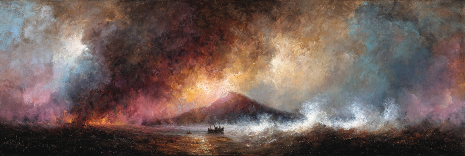 Dramatische Vulkanlandschaft Mit Sturm Und Boot | Nahaufnahmen | Natur