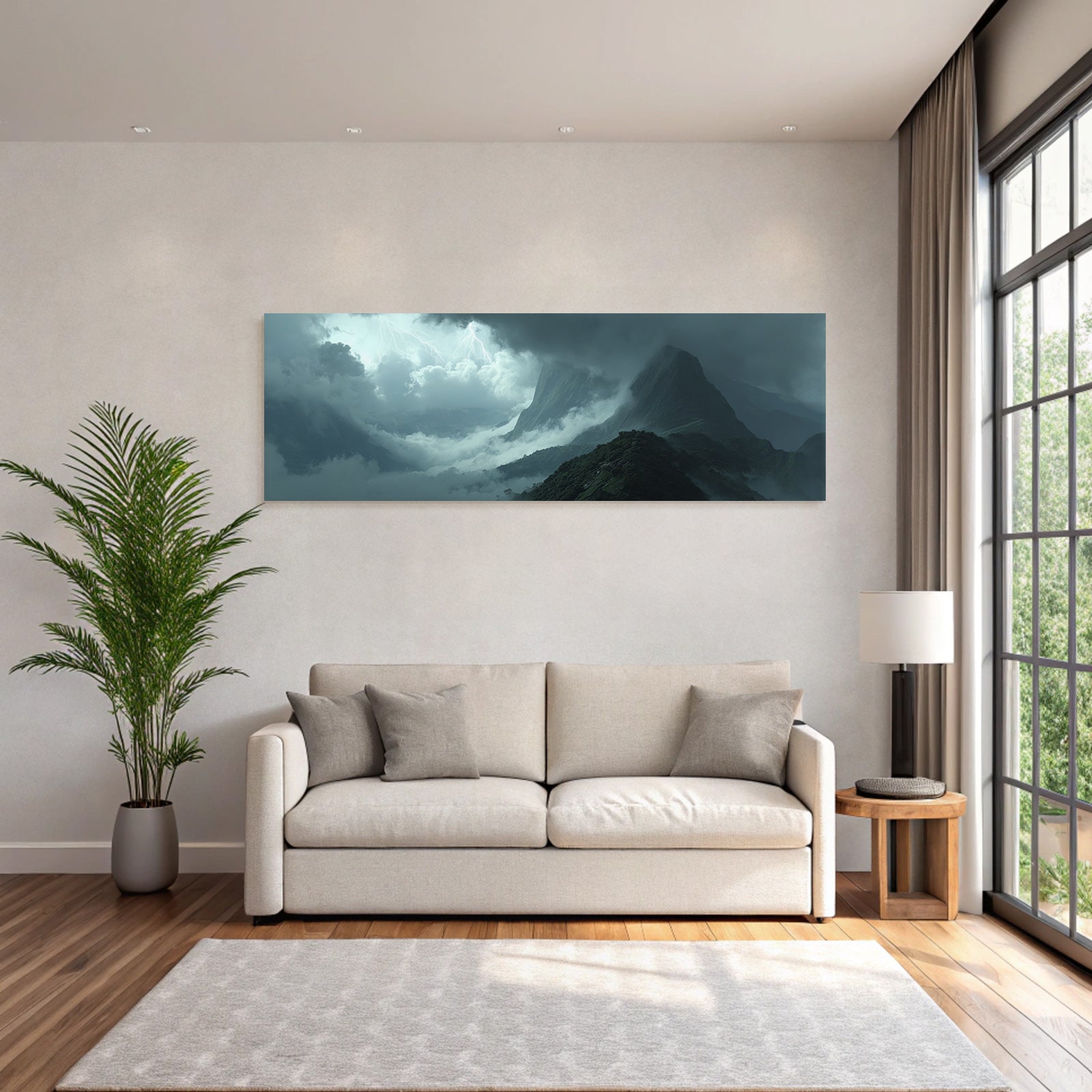 Gewitterlandschaft Mit Bergen Im Nebel Und Blitz