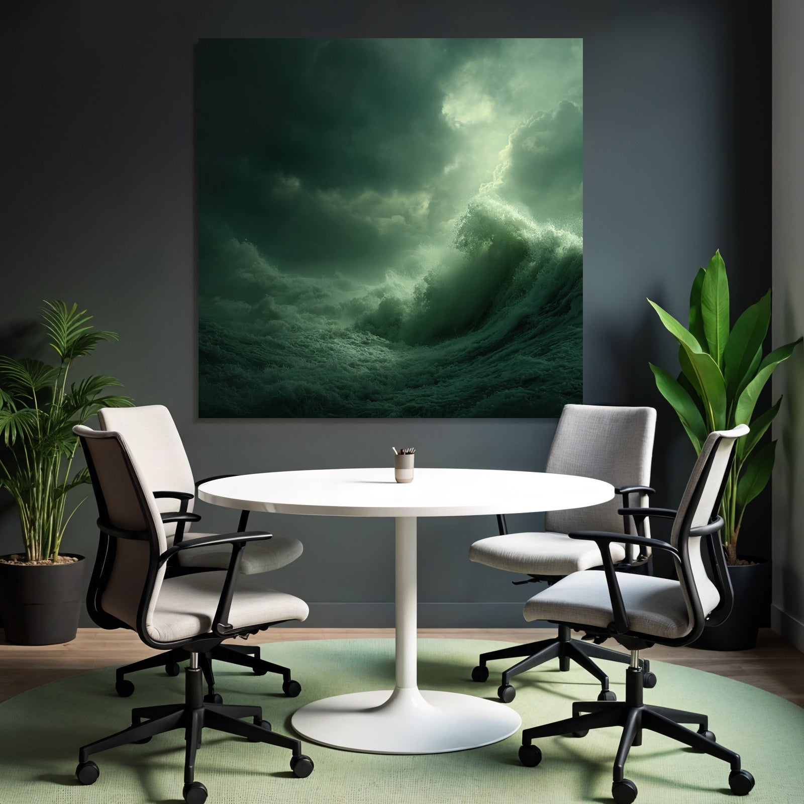 Dramatische Seelandschaft Mit Turbulenten Wellen Unter Dunkelgrünen Wolken