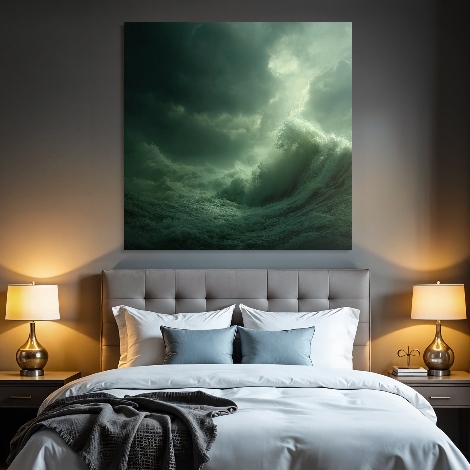 Dramatische Seelandschaft Mit Turbulenten Wellen Unter Dunkelgrünen Wolken