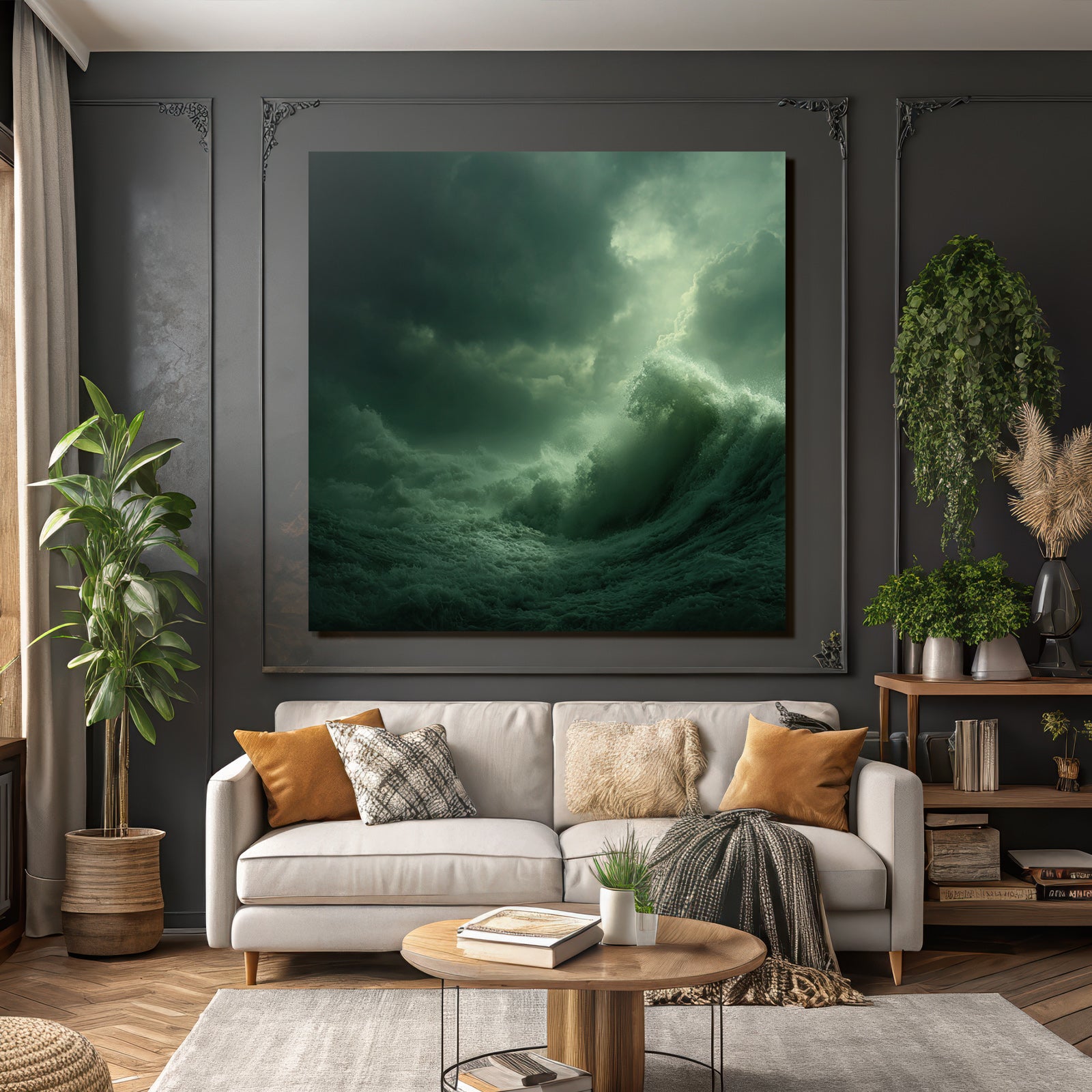 Dramatische Seelandschaft Mit Turbulenten Wellen Unter Dunkelgrünen Wolken