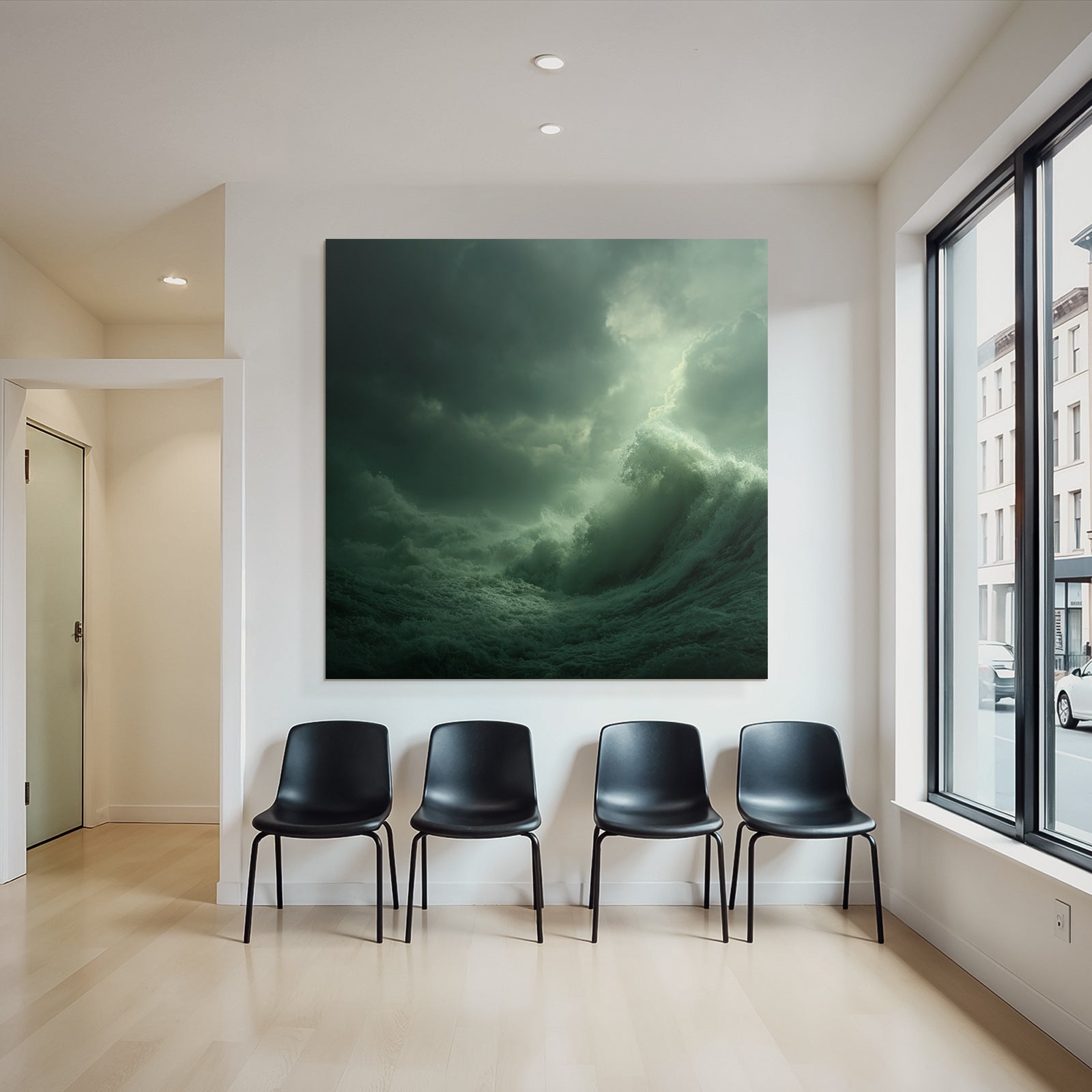 Dramatische Seelandschaft Mit Turbulenten Wellen Unter Dunkelgrünen Wolken