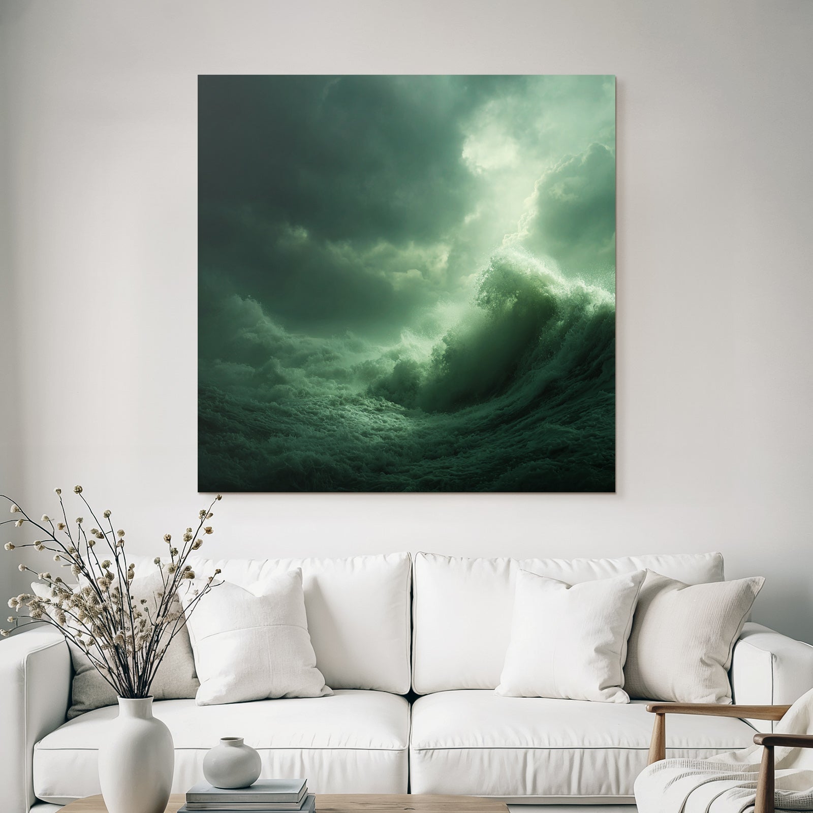 Dramatische Seelandschaft Mit Turbulenten Wellen Unter Dunkelgrünen Wolken