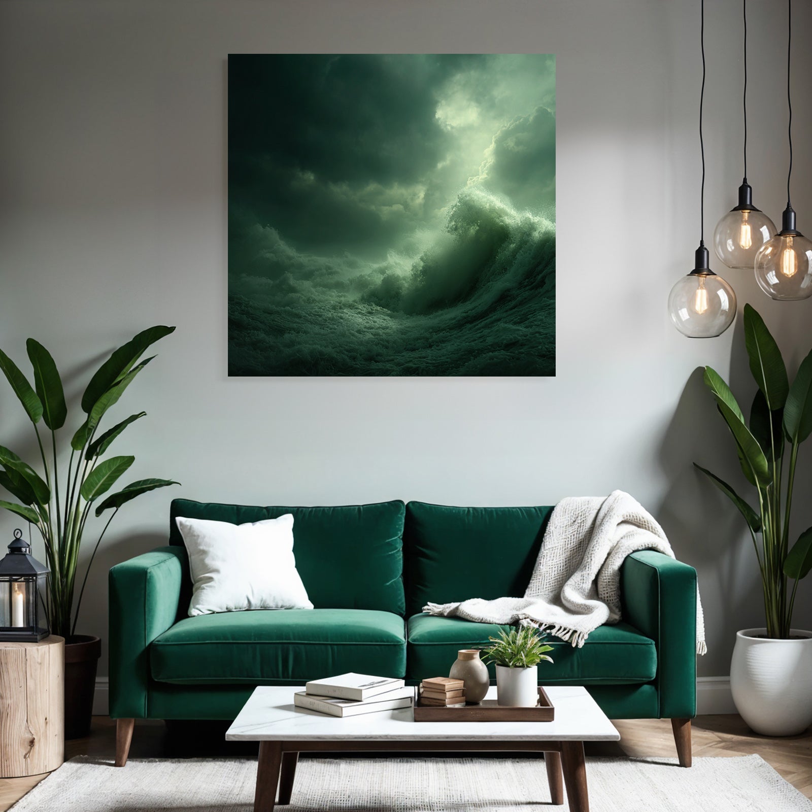 Dramatische Seelandschaft Mit Turbulenten Wellen Unter Dunkelgrünen Wolken
