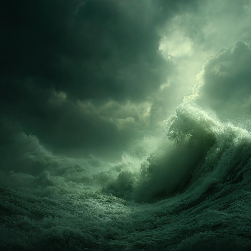 Dramatische Seelandschaft Mit Turbulenten Wellen Unter Dunkelgrünen Wolken | Nahaufnahmen | Natur