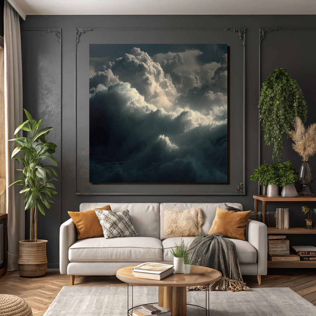 Dramatische Meerlandschaft Mit Grossen Wellen Und Wirbelnden Wolken