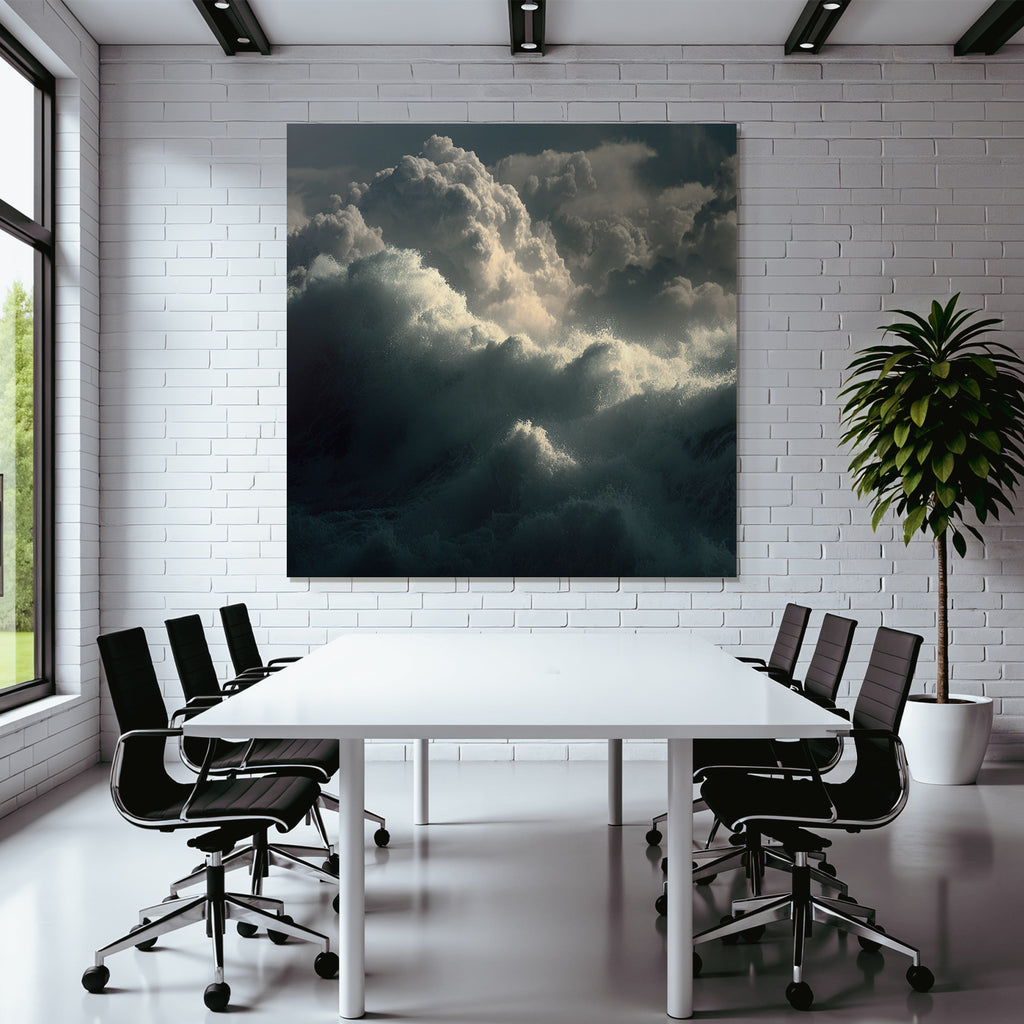 Dramatische Meerlandschaft Mit Grossen Wellen Und Wirbelnden Wolken