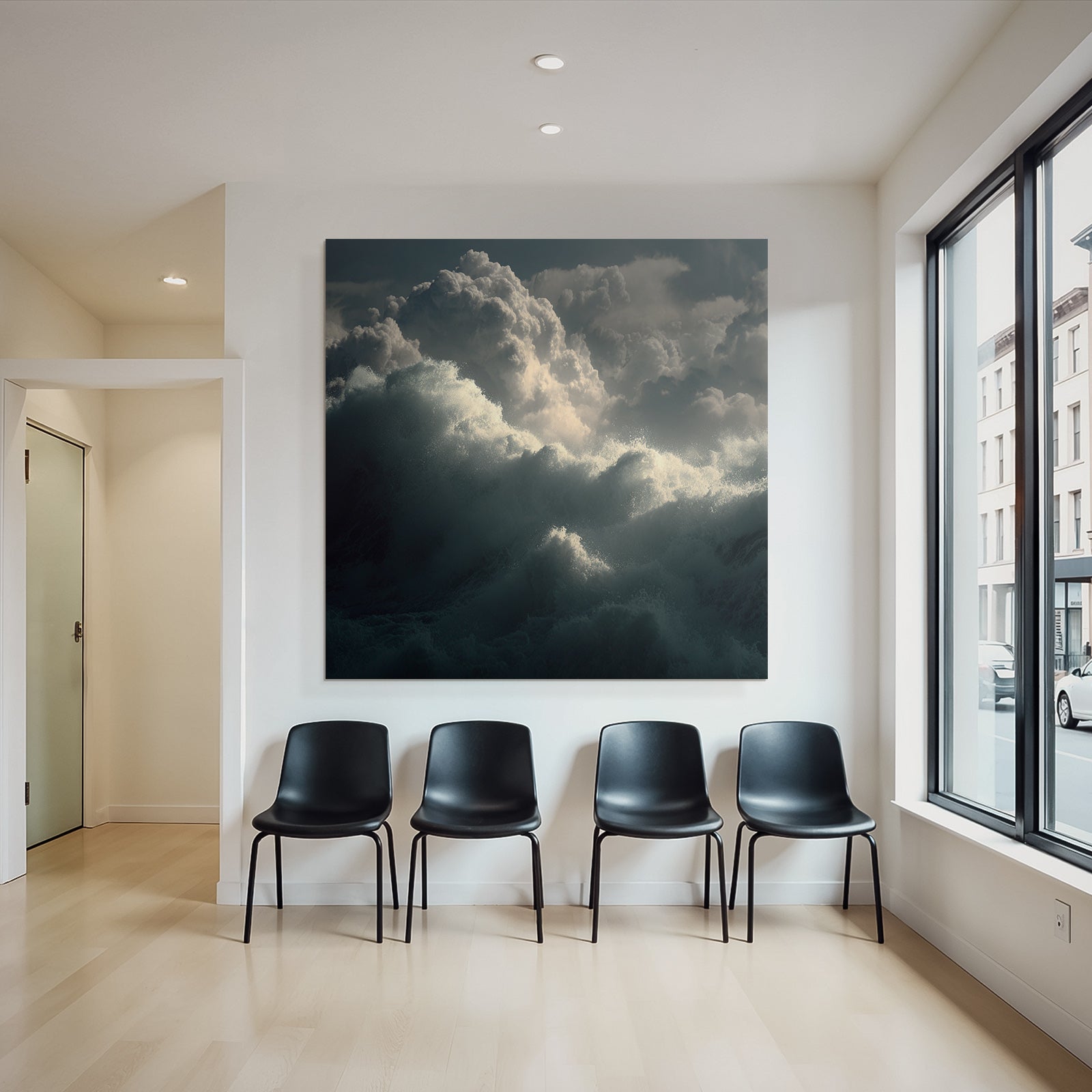 Dramatische Meerlandschaft Mit Grossen Wellen Und Wirbelnden Wolken