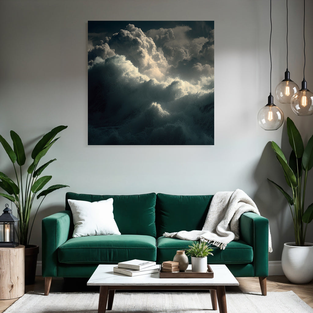 Dramatische Meerlandschaft Mit Grossen Wellen Und Wirbelnden Wolken