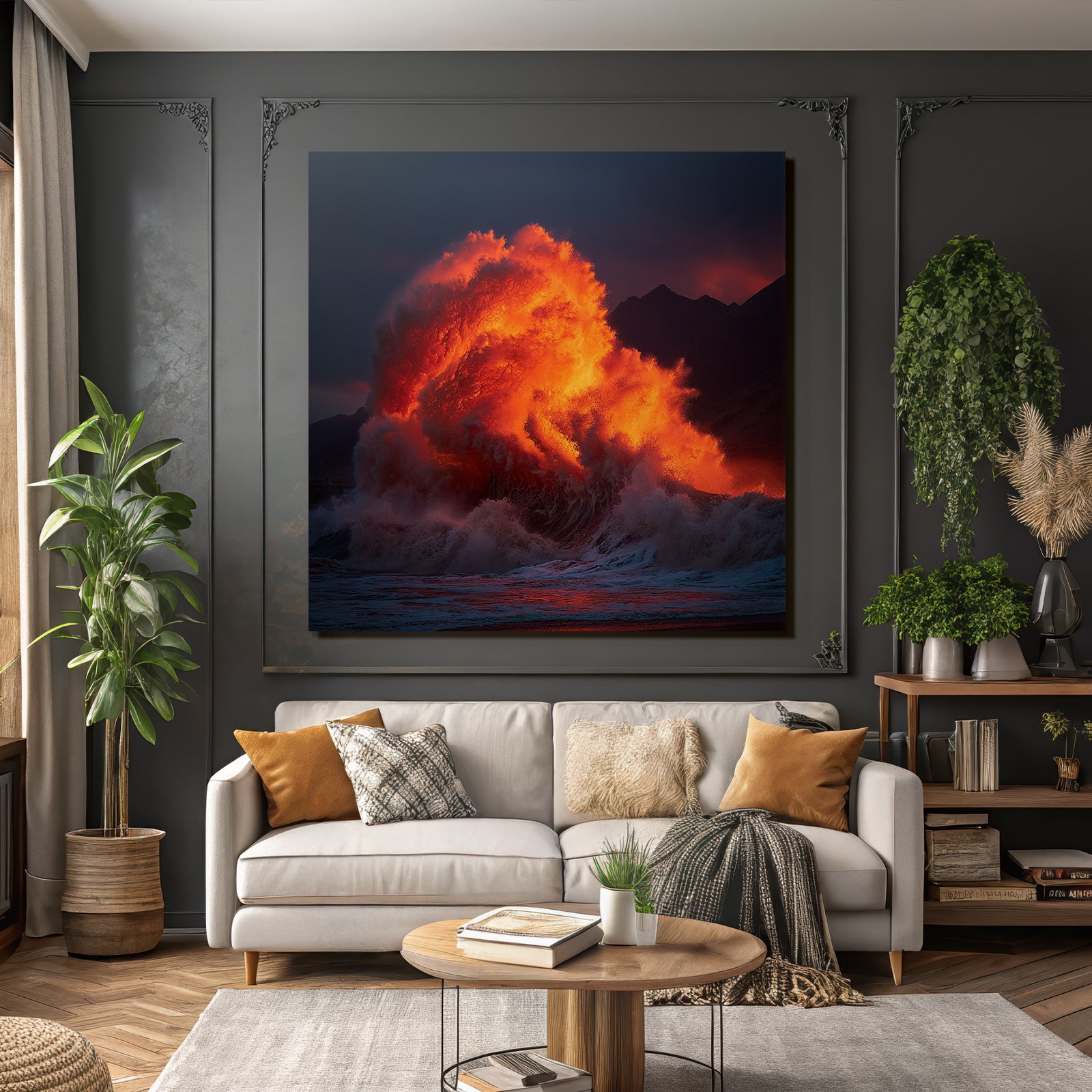 Dramatische Ozeanwelle Mit Feurigen Farben