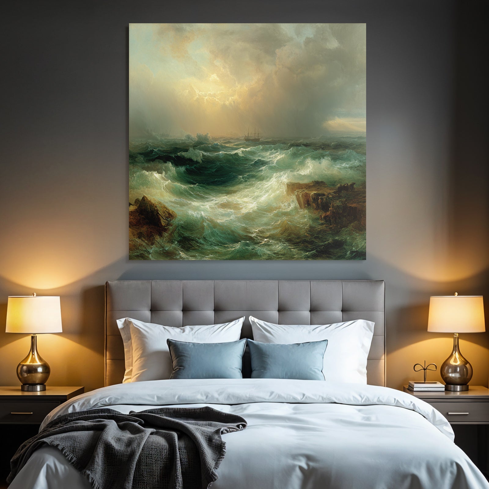 Meeresszenerie Mit Turbulenten Wellen Felsiger Küste Segelschiffen Und Dramatischem Himmel