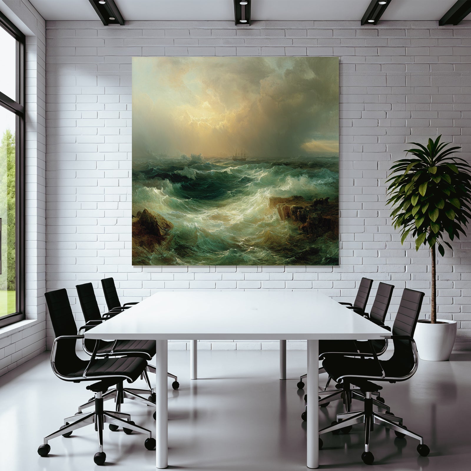 Meeresszenerie Mit Turbulenten Wellen Felsiger Küste Segelschiffen Und Dramatischem Himmel