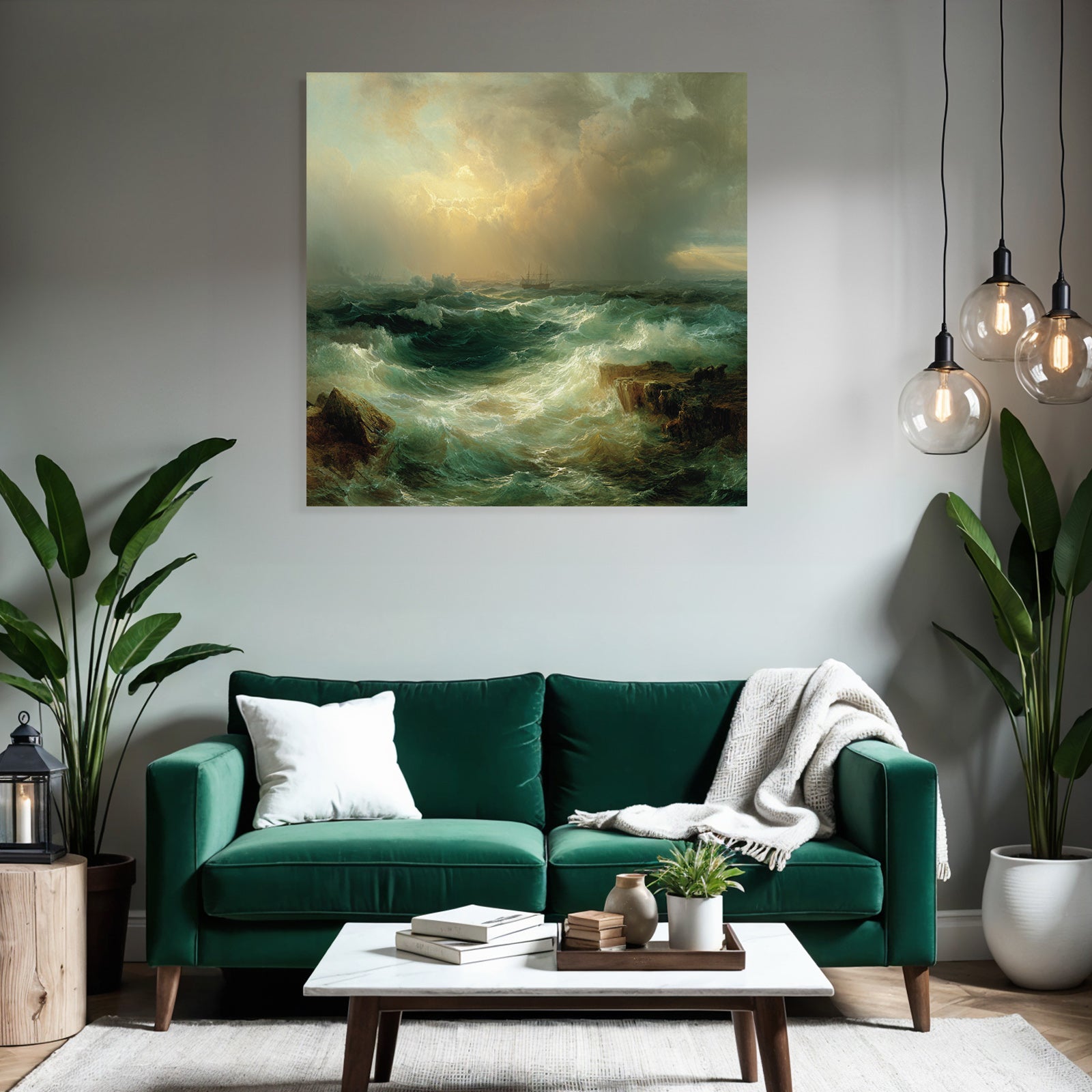 Meeresszenerie Mit Turbulenten Wellen Felsiger Küste Segelschiffen Und Dramatischem Himmel