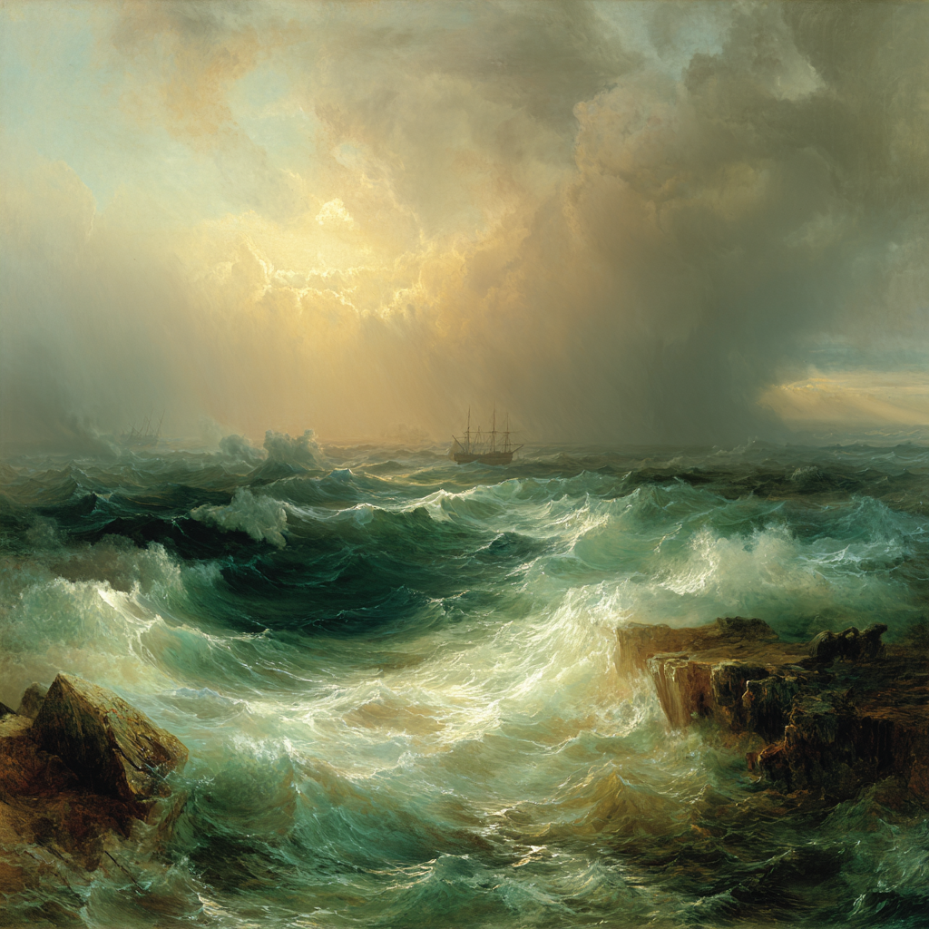 Meeresszenerie Mit Turbulenten Wellen Felsiger Küste Segelschiffen Und Dramatischem Himmel | Nahaufnahmen | Natur