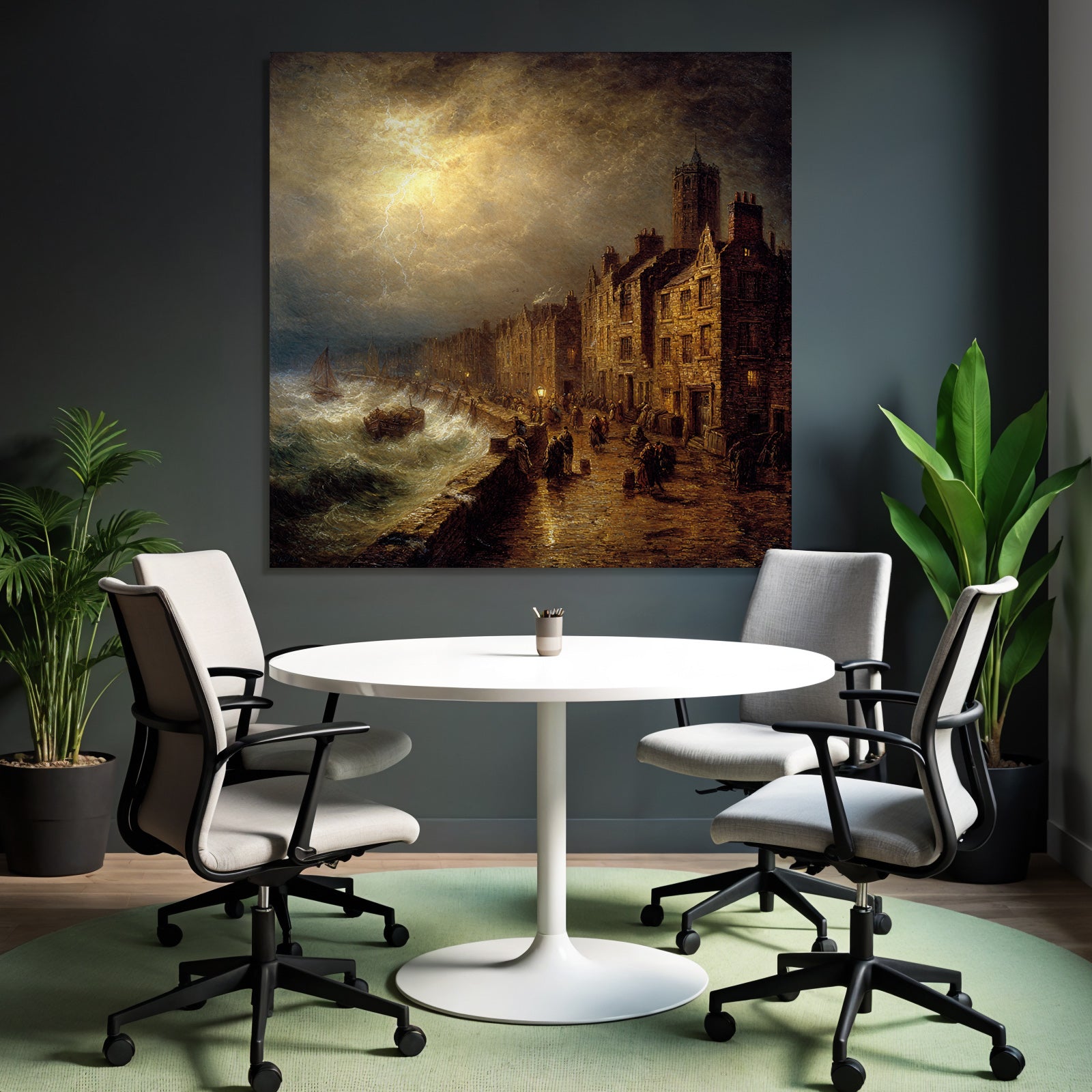 Sturmische Küstenlandschaft Mit Wellen Booten Und Steingebäuden