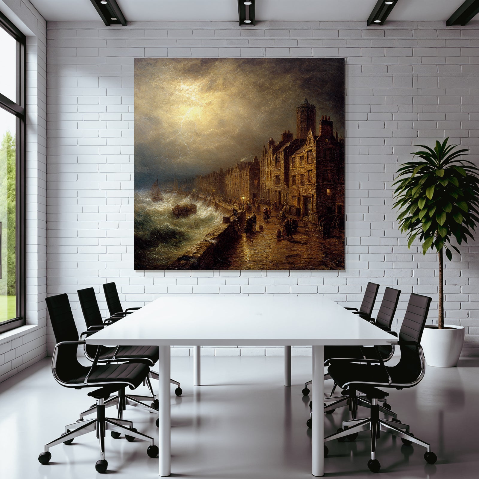 Sturmische Küstenlandschaft Mit Wellen Booten Und Steingebäuden