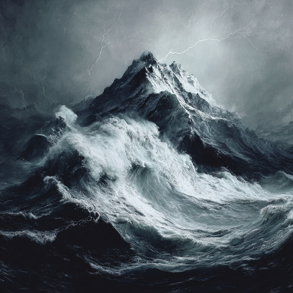 Turbulente Sturmsee Vor Bergkulisse Mit Gewitterblitzen | Nahaufnahmen | Natur