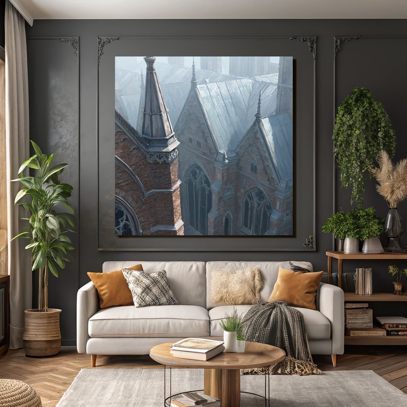Vernebelte Gotische Dachlandschaft Digitalgemälde Mit Komplexen Ziegeldetails