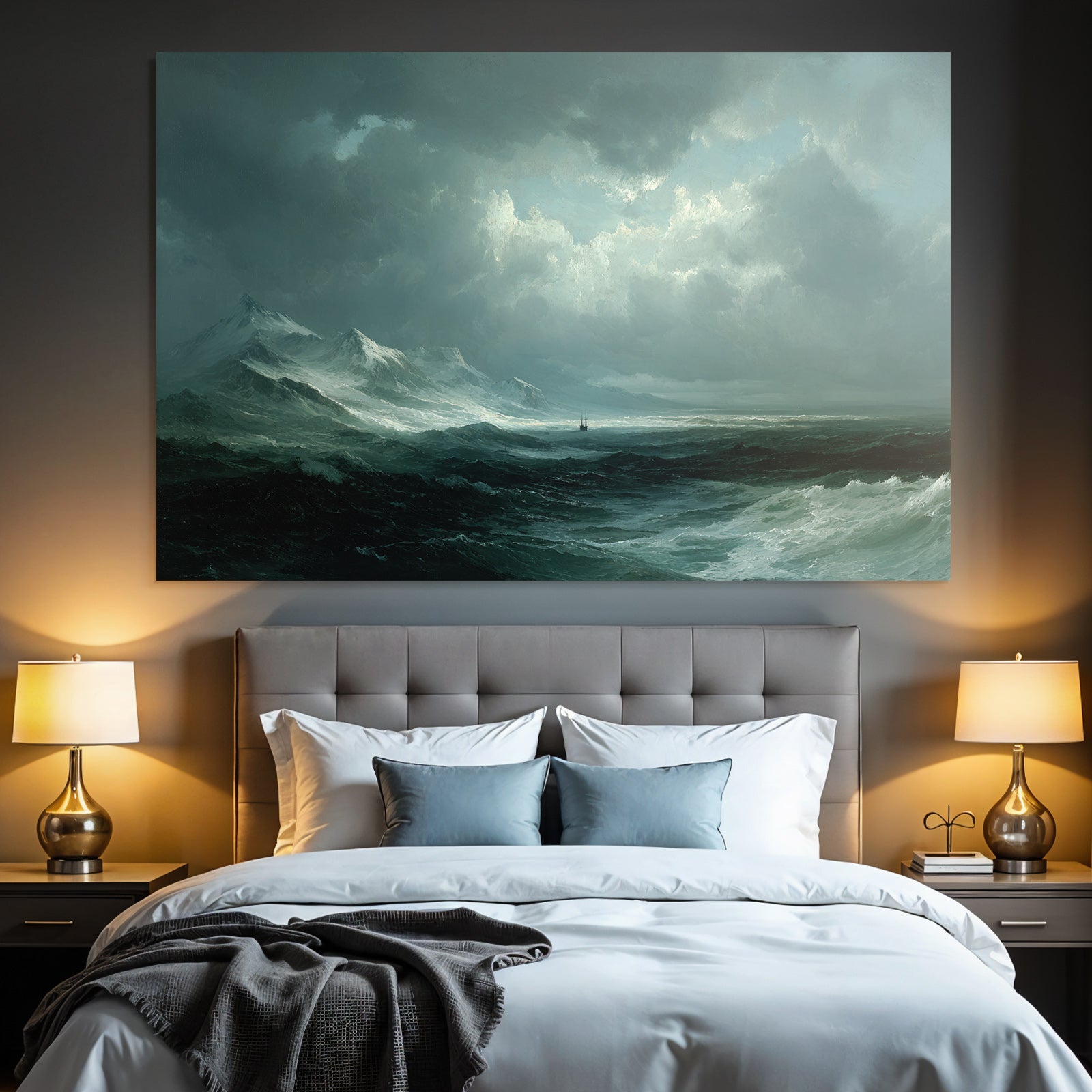 Dramatische Küstenlandschaft Mit Stürmischen Wellen Und Segelschiff