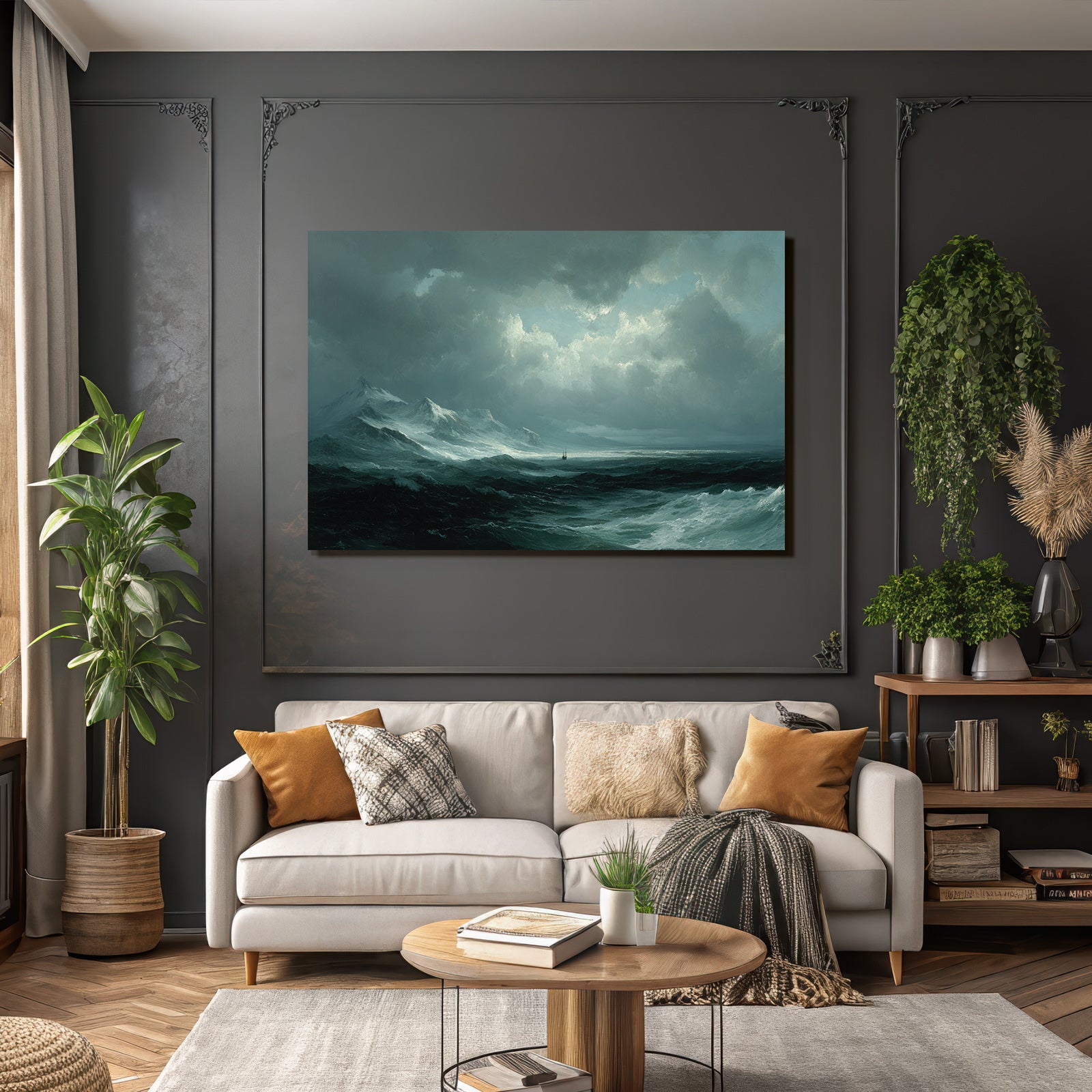 Dramatische Küstenlandschaft Mit Stürmischen Wellen Und Segelschiff