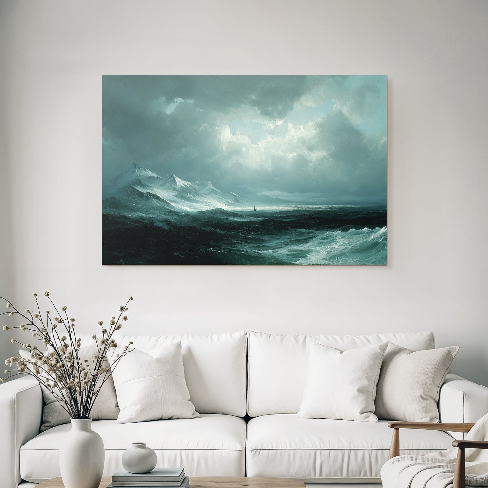 Dramatische Küstenlandschaft Mit Stürmischen Wellen Und Segelschiff