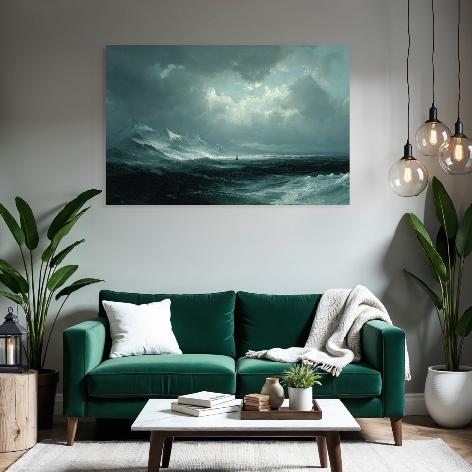 Dramatische Küstenlandschaft Mit Stürmischen Wellen Und Segelschiff