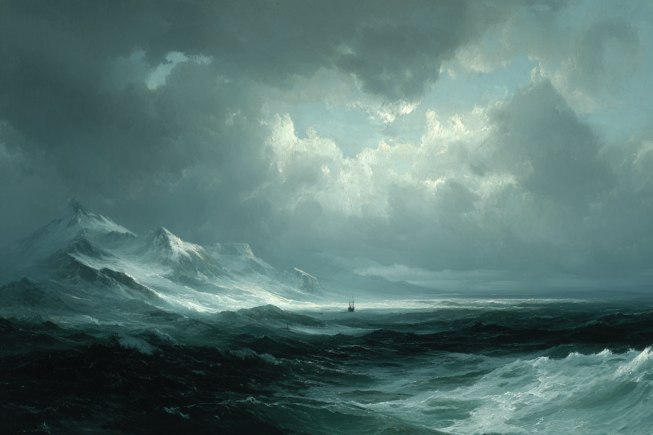 Dramatische Küstenlandschaft Mit Stürmischen Wellen Und Segelschiff | Nahaufnahmen | Natur