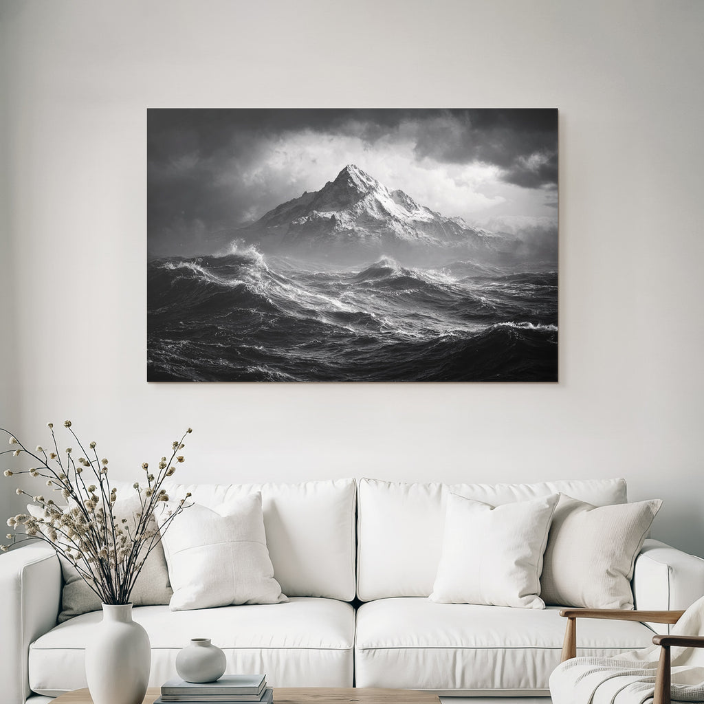 Dramatische Seelandschaft Mit Schneebedeckten Berggipfeln Und Sturmwellen