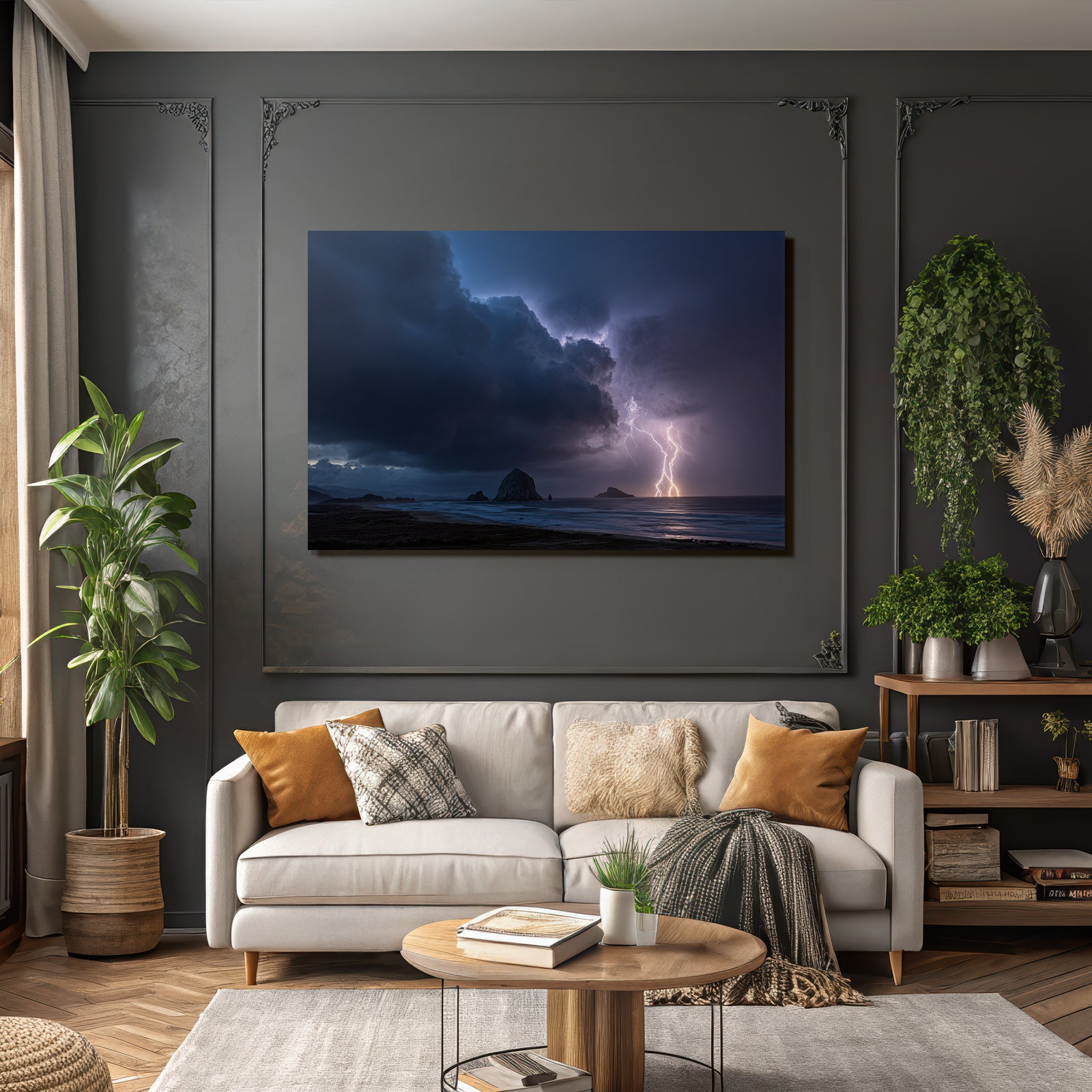 Düsteres Gewitter Über Sturmgepeitschter Küste Mit Felsen Und Blitz