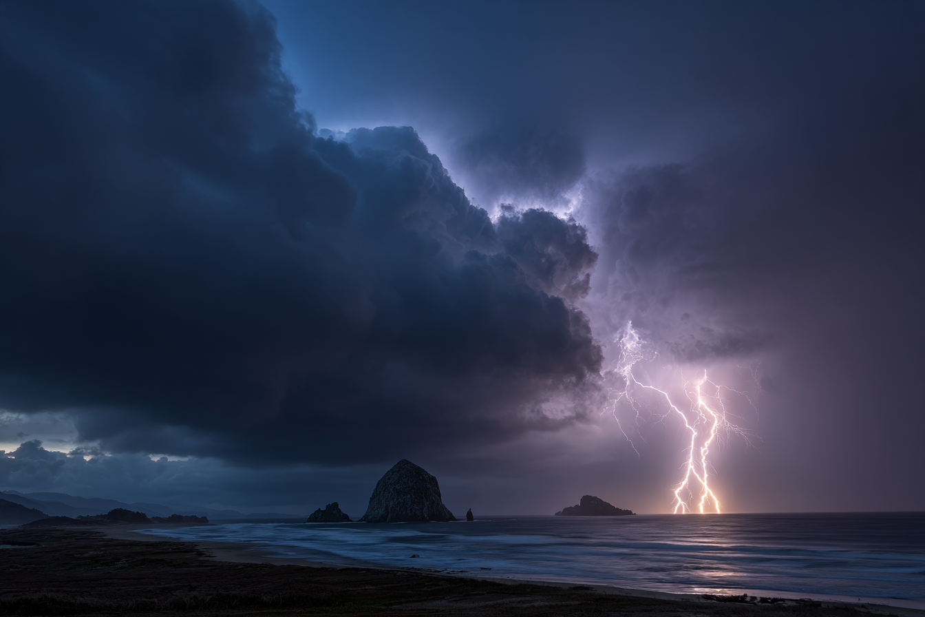 Düsteres Gewitter Über Sturmgepeitschter Küste Mit Felsen Und Blitz | Nahaufnahmen | Natur
