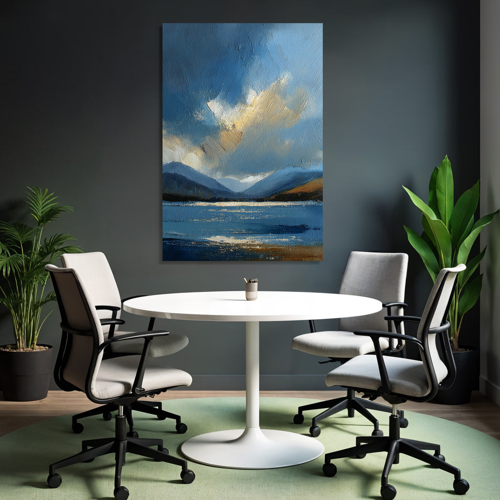 Abstrakte Blaü Landschaft Mit Wasser Himmel Wolken Und Bergen