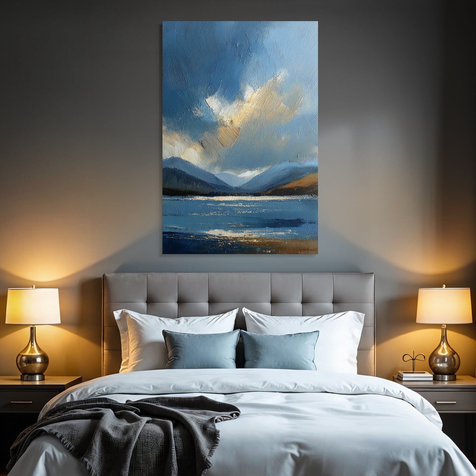 Abstrakte Blaü Landschaft Mit Wasser Himmel Wolken Und Bergen