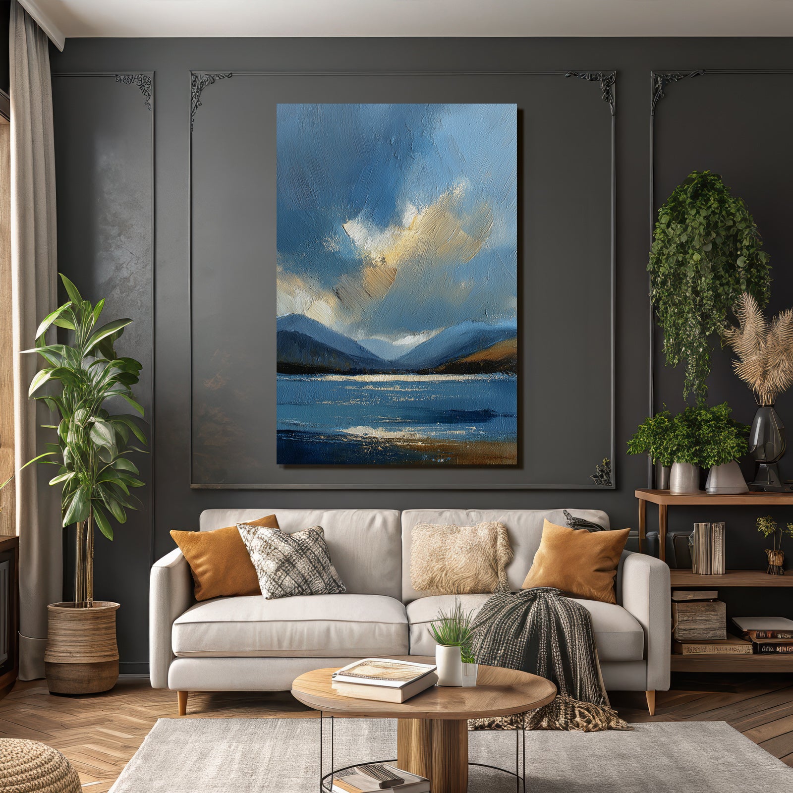 Abstrakte Blaü Landschaft Mit Wasser Himmel Wolken Und Bergen