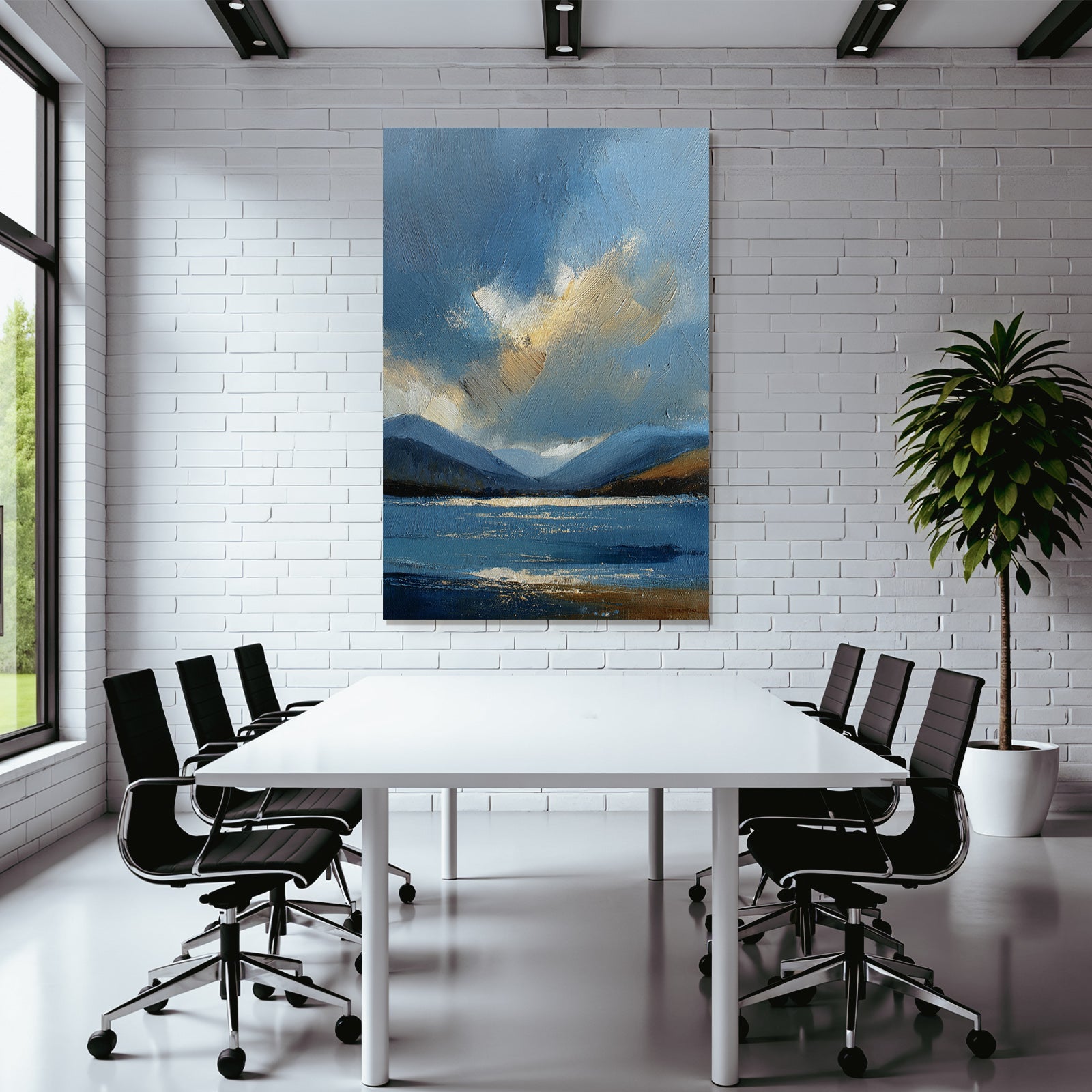 Abstrakte Blaü Landschaft Mit Wasser Himmel Wolken Und Bergen