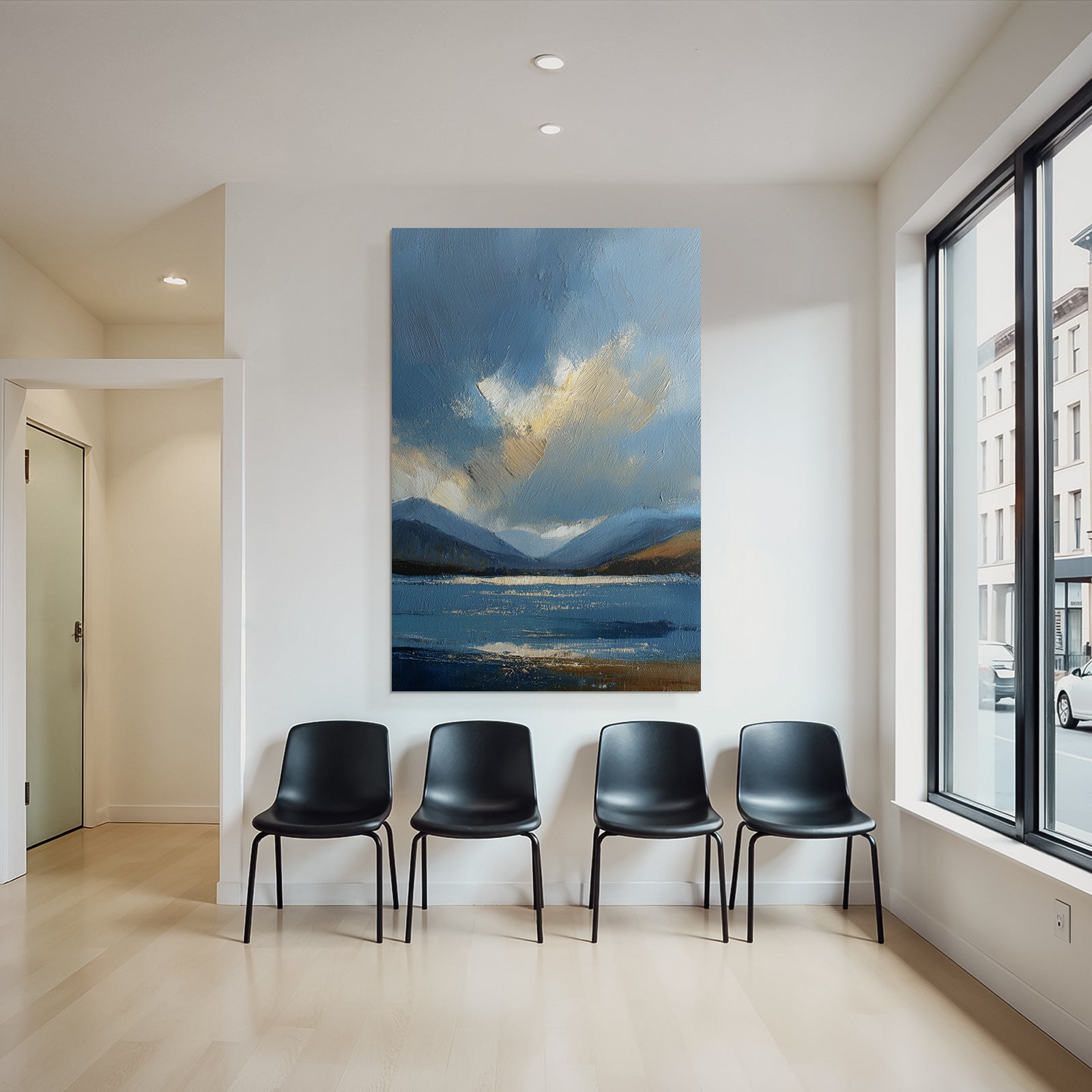 Abstrakte Blaü Landschaft Mit Wasser Himmel Wolken Und Bergen