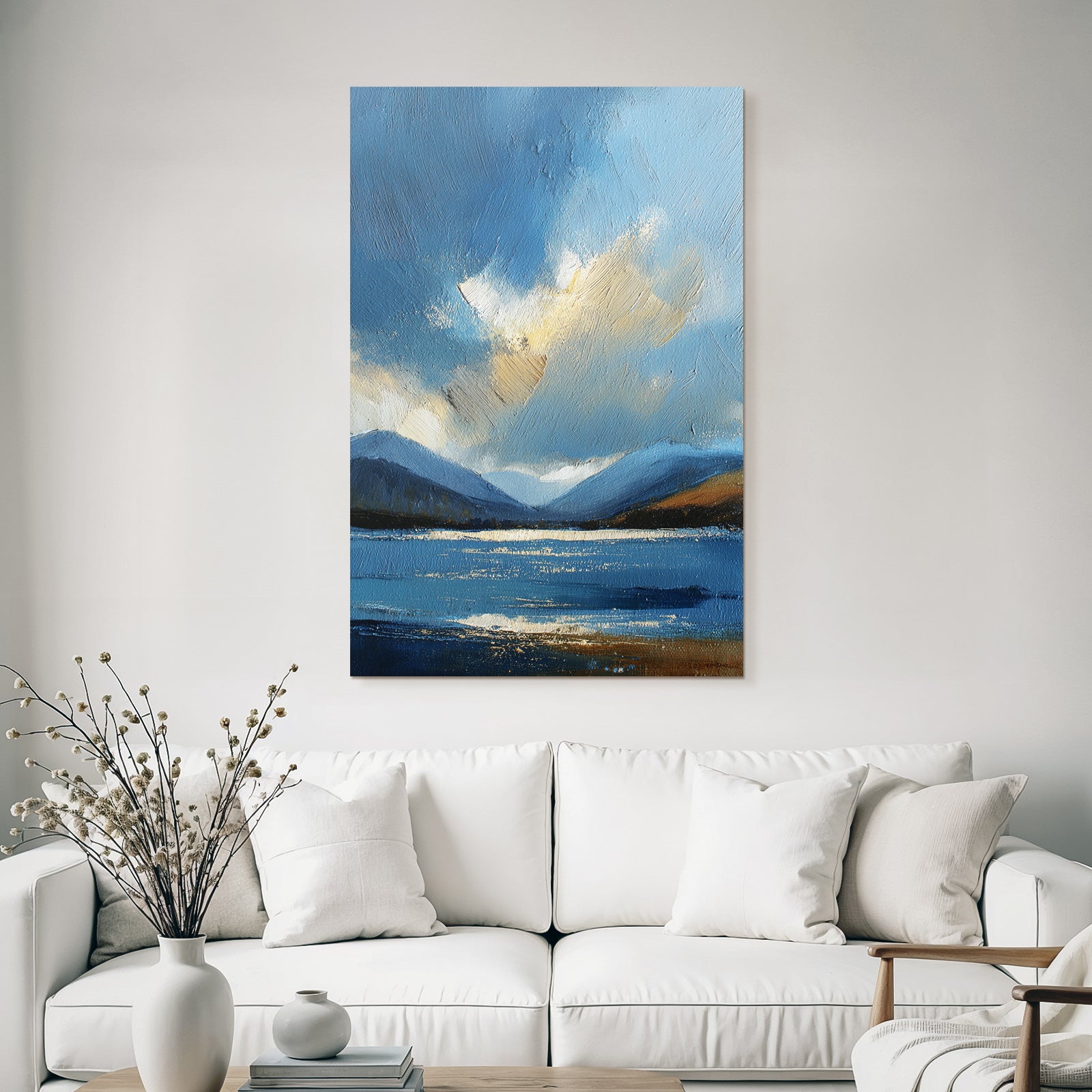 Abstrakte Blaü Landschaft Mit Wasser Himmel Wolken Und Bergen