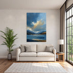 Abstrakte Blaü Landschaft Mit Wasser Himmel Wolken Und Bergen