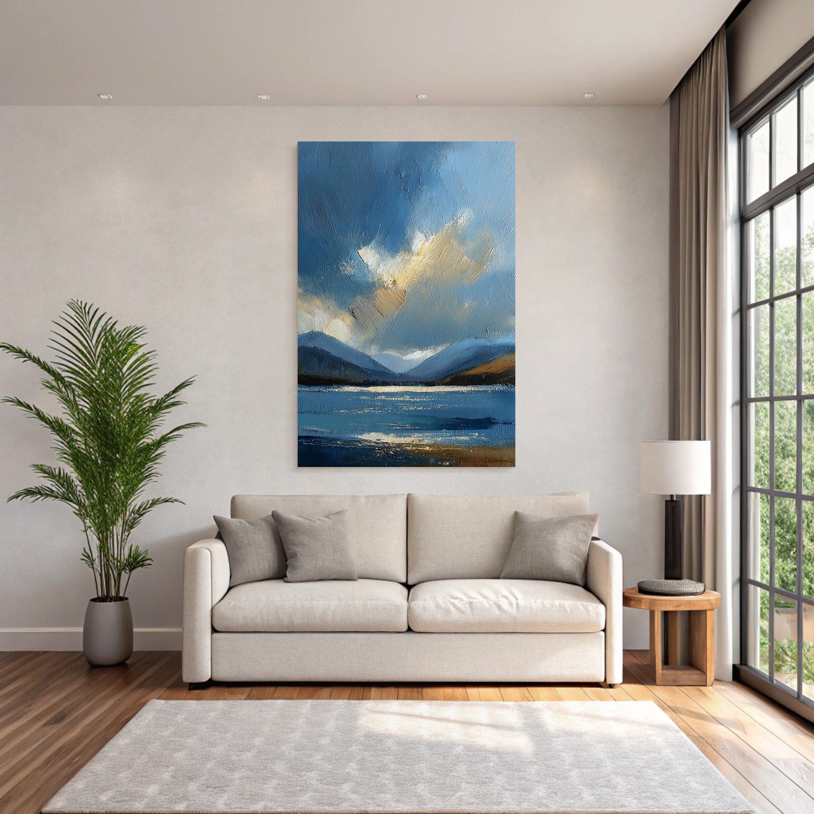 Abstrakte Blaü Landschaft Mit Wasser Himmel Wolken Und Bergen