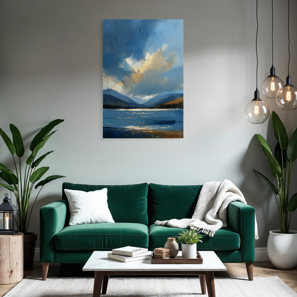 Abstrakte Blaü Landschaft Mit Wasser Himmel Wolken Und Bergen