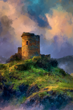 Alter Stein Turm Am Hang Vor Buntem Himmel | Nebel und Wetter | Natur