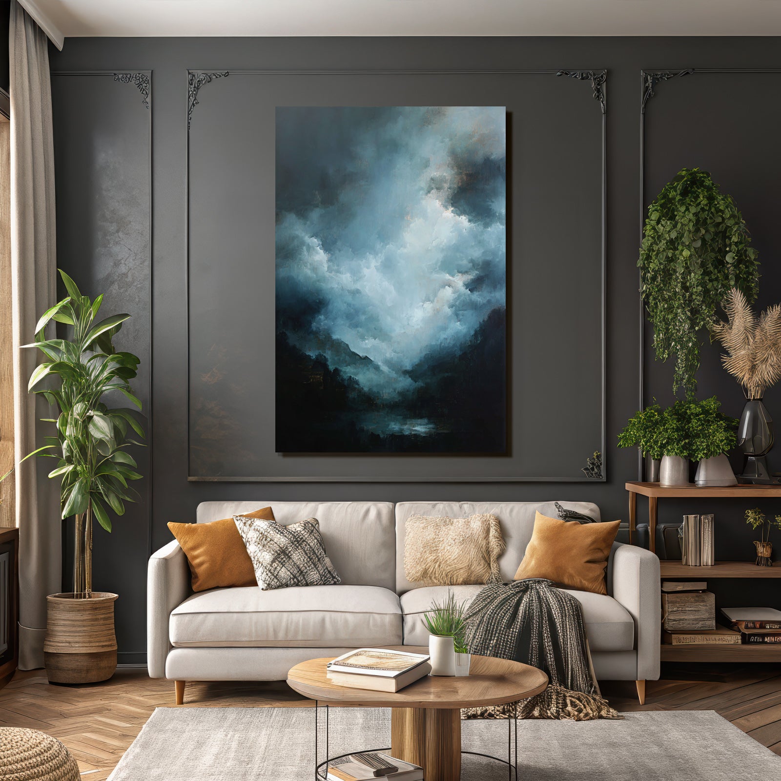 Dramatische Landschaft Mit Wirbelnden Wolken Und Nebeligen Bergen In Blaugrau