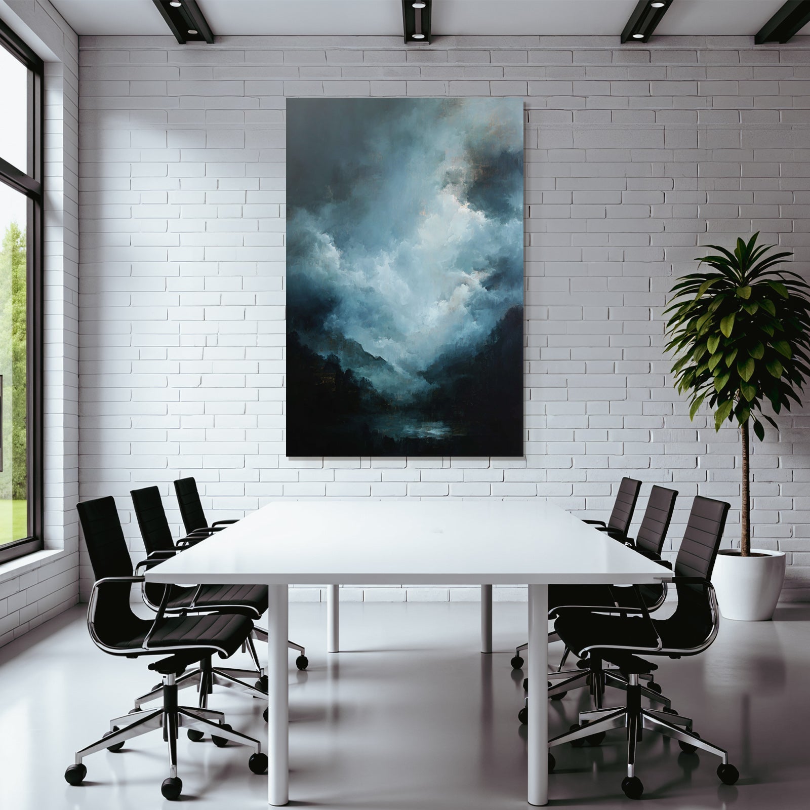 Dramatische Landschaft Mit Wirbelnden Wolken Und Nebeligen Bergen In Blaugrau