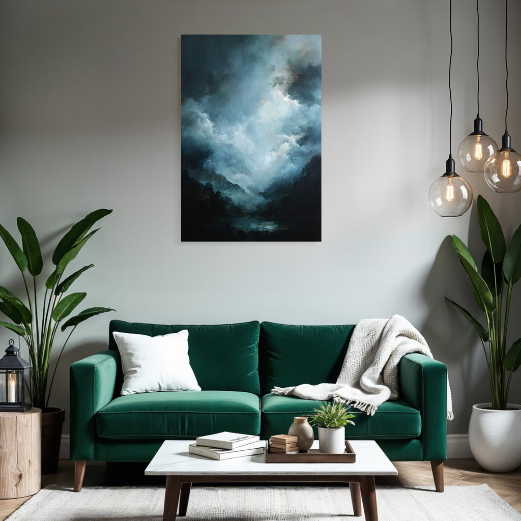 Dramatische Landschaft Mit Wirbelnden Wolken Und Nebeligen Bergen In Blaugrau