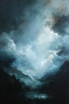 Dramatische Landschaft Mit Wirbelnden Wolken Und Nebeligen Bergen In Blaugrau | Nebel und Wetter | Natur