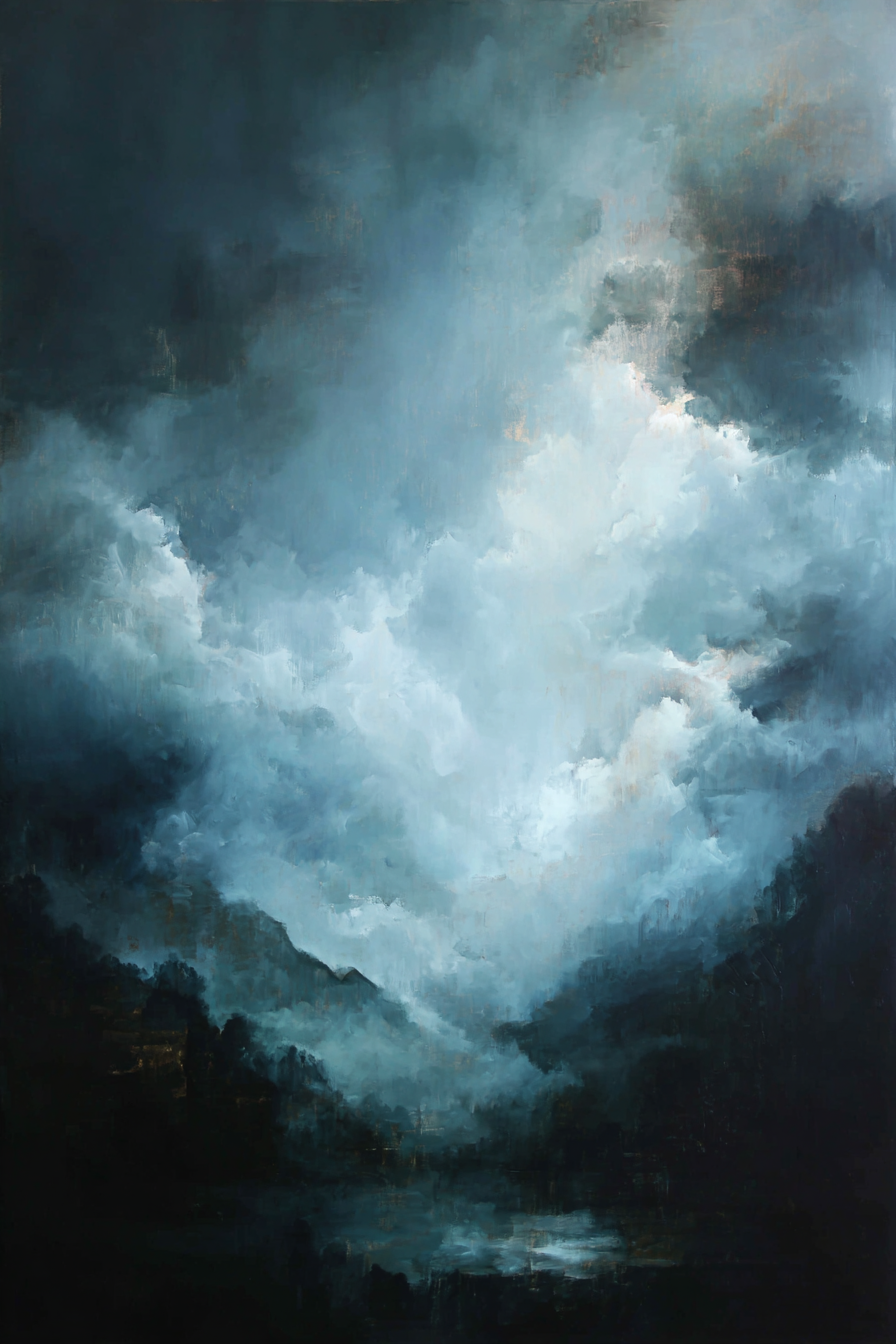 Dramatische Landschaft Mit Wirbelnden Wolken Und Nebeligen Bergen In Blaugrau | Nebel und Wetter | Natur